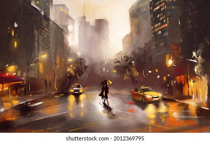 oil painting canvas  street view New York  man   woman  yellow taxi   modern Artwork   American city  watercolor illustration 