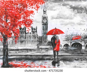oil painting canvas  street view london  river   bus bridge  Artwork  Big ben  man   woman under red umbrella