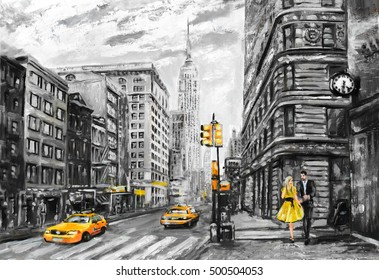 oil painting canvas  street view New York  man   woman  yellow taxi   modern Artwork  New York in gray   yellow colors  American city  illustration New York