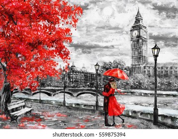 oil painting canvas  street london  Artwork  Big ben  man   woman under an red umbrella  Tree  England  Bridge   river