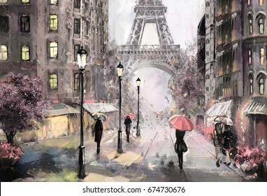 oil painting on canvas, street view of Paris. Artwork. eiffel tower . people under a pink umbrella. Tree. France