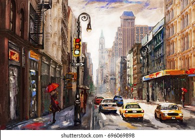 oil painting on canvas, street view of New York,  woman under an red umbrella, yellow taxi,  modern Artwork,  American city, illustration New York