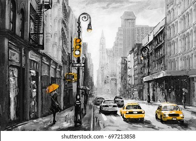 oil painting canvas  street view New York  woman under an umbrella  yellow taxi   modern Artwork   American city  illustration New York