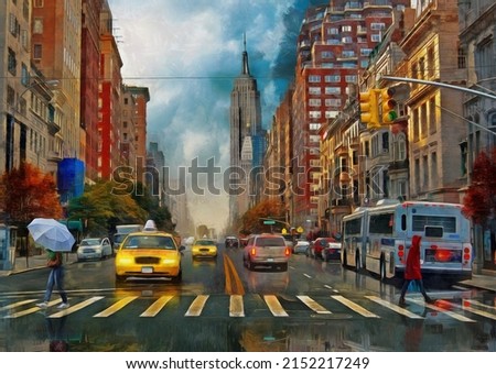 oil painting on canvas, street view of New York, woman under an umbrella, yellow taxi, modern Artwork, American city, illustration New York. artist collection for decoration and interior.
