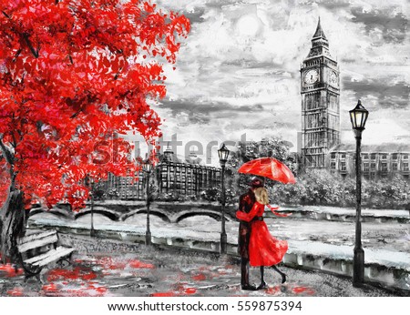 oil painting on canvas, street of london. Artwork. Big ben. man and woman under an red umbrella. Tree. England. Bridge and river