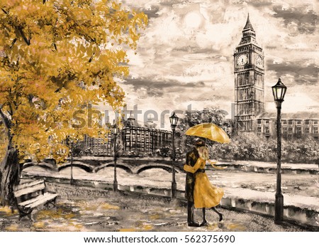 oil painting on canvas, street of london. Artwork. Big ben. man and woman under an yellow umbrella. Tree. England. Bridge and river