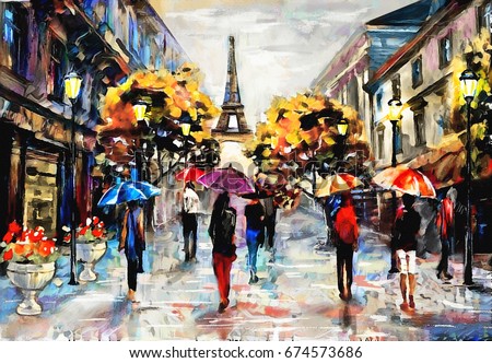 oil painting on canvas, street view of Paris. Artwork. eiffel tower . people under a red, blue umbrella. Tree. France