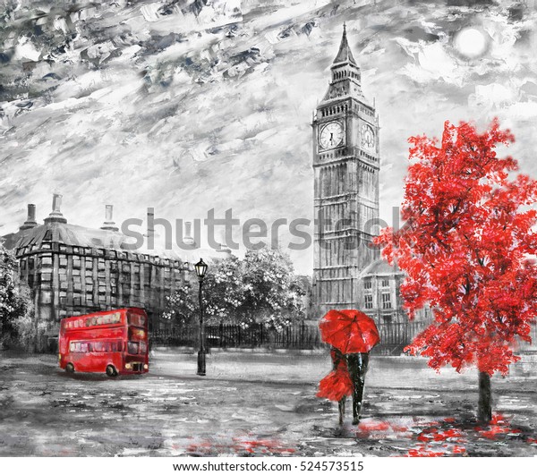 キャンバスに油絵 ロンドンの街並み アートワーク 大きなベン 赤い傘の下の男と女 バスと道路 ツリー イギリス のイラスト素材