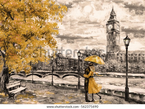 oil painting on canvas, street of london. Artwork. Big ben. man and woman under an yellow umbrella. Tree. England. Bridge and river