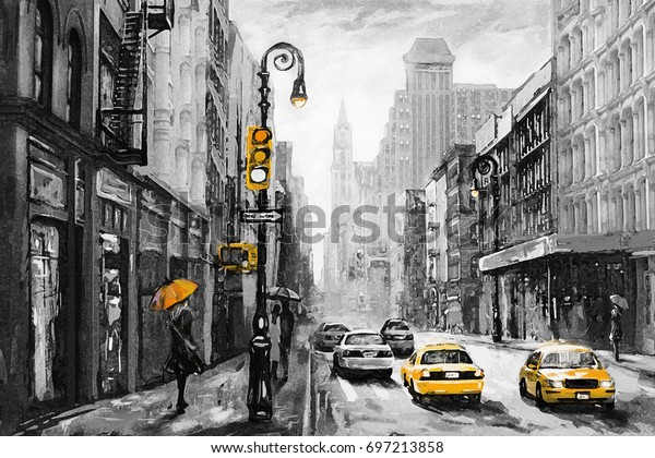 oil painting on canvas, street view of New York, woman under an umbrella, yellow taxi, modern Artwork, American city, illustration New York