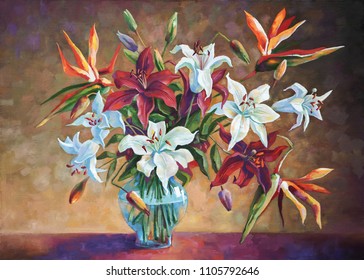 
An oil painting on canvas. Strelitzia among the lilies. Artistic work in bright and juicy tones. Author: Nikolay Sivenkov.