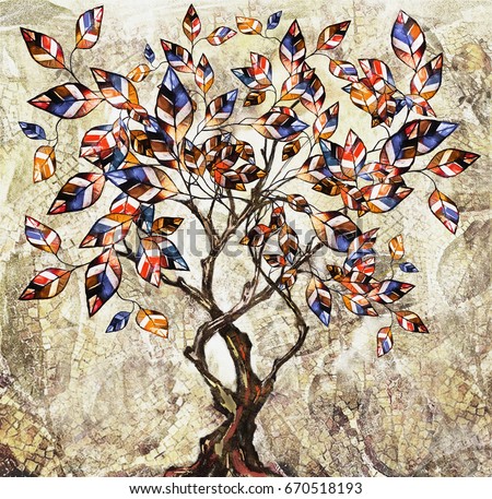oil painting on canvas, stylized tree. Modern Artwork.  interior illustration. Abstract background