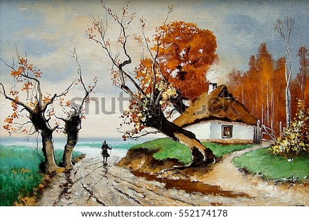 Oil painting on canvas - Ukraine house,village,road