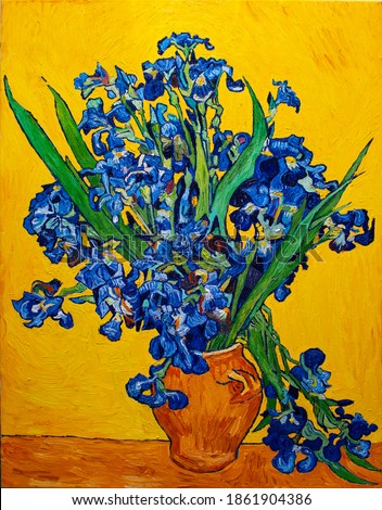 Oil painting on canvas. Vase with irises on a yellow background. Free copy based the famous painting by Vincent Van Gogh.