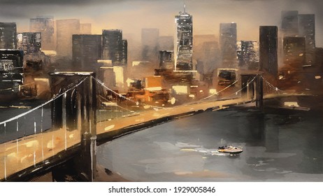 Oil Painting On Canvas - View Of New York, River And Bridge. Modern Artwork - American City, Urban Illustration 