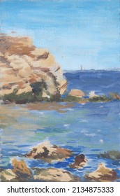 Oil Painting On Canvas- View Of Odessa, Summer Beach, Sea And Stones -  Peaceful Ukrainian City