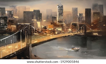 oil painting on canvas - view of New York, river and bridge. modern Artwork - American city, urban illustration 