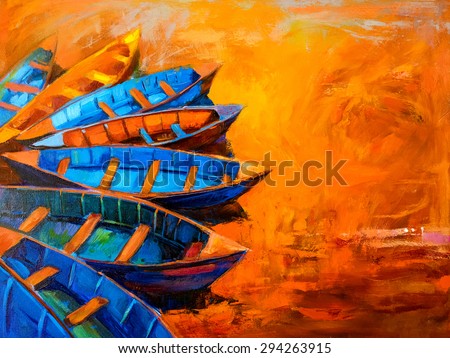 oil painting on canvas-boats in a row-modern impressionism by Nikolov