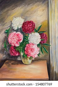 Oil Painting On Canvas.Bouquet Of Peonies In A Vase