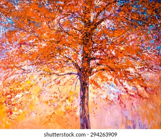 oil painting on canvas-red tree-modern impressionism by Nikolov