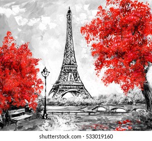 Oil Painting, Paris. european city landscape. France, Wallpaper, eiffel tower. Black, white and red, Modern art. trees.