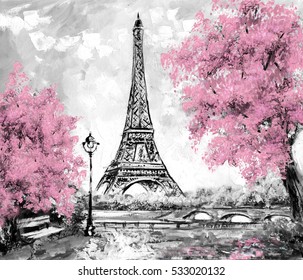 Oil Painting, Paris. european city landscape. France, Wallpaper, eiffel tower. Black, white and pink, Modern art. trees.