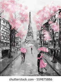 Oil Painting, Paris. european city landscape. France, Wallpaper, eiffel tower. Black, white and pink, Modern art. Couple under an umbrella on street
