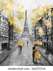 Oil Painting, Paris. European City Landscape. France, Wallpaper, Eiffel Tower. Black, White And Yellow, Modern Art. Couple Under An Umbrella On Street