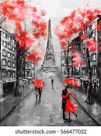 Oil Painting, Paris. european city landscape. France, Wallpaper, eiffel tower. Black, white and red, Modern art. Couple under an umbrella on street