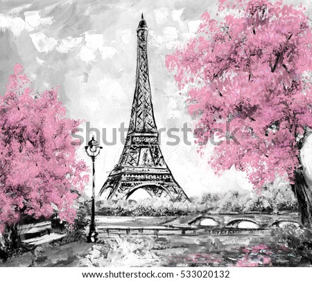 Oil Painting, Paris. european city landscape. France, Wallpaper, eiffel tower. Black, white and pink, Modern art. trees.