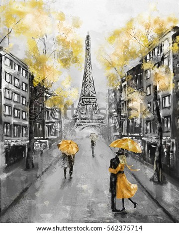 Oil Painting, Paris. european city landscape. France, Wallpaper, eiffel tower. Black, white and yellow, Modern art. Couple under an umbrella on street