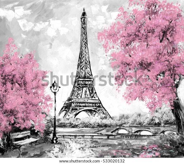 パリの油彩画 ヨーロッパの都市の風景 フランス 壁紙 エッフェル塔 黒 白 ピンク モダンアート 木 のイラスト素材