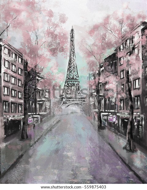 パリの油彩画 ヨーロッパの都市の風景 フランス 壁紙 エッフェル塔 現代美術街 のイラスト素材