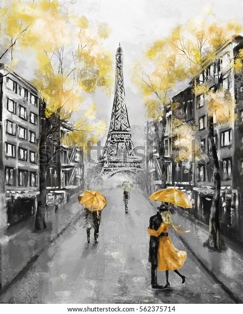 パリの油彩画 ヨーロッパの都市の風景 フランス 壁紙 エッフェル塔 黒と白と黄色のモダンアート 通りの傘の下にカップル のイラスト素材