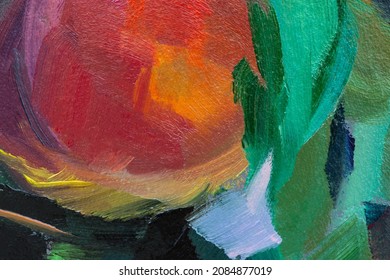 Oil painting peaches fragment. Artistic original sketch. Abstract background. Ripe juicy fragrant peaches. Creative work pictorial sketch. Oil painting on cardboard. The concept of summer sweet fruits