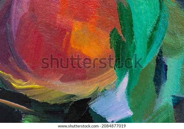 Oil painting peaches fragment. Artistic original\
sketch. Abstract background. Ripe juicy fragrant peaches. Creative\
work pictorial sketch. Oil painting on cardboard. The concept of\
summer sweet fruits