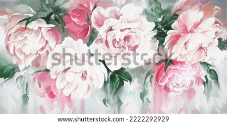 Oil painting with pink, white flower rose, peonies, leaves. Botanic print background on canvas -  floral wallpaper, triptych In Interior, artwork