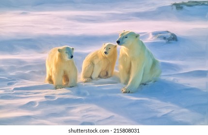 Oil Painting Of Polar Bear And Cubs On Canadian Arctic Tundra