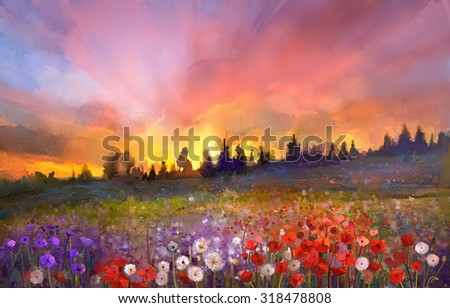 Oil painting poppy, dandelion, daisy flowers in fields. Sunset meadow landscape with wildflower, hill, sky in orange and blue violet color background. Hand Paint summer floral Impressionist style