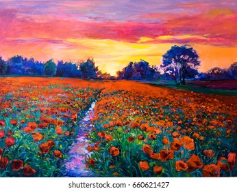 Oil painting of a poppy field. Sunset over the red field. Modern art