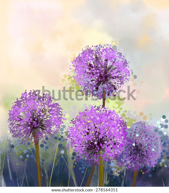 油画紫洋葱花 抽象花画柔和多彩 春季花卉季节性自然背景库存插图
