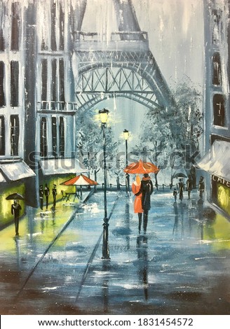 Oil painting rain in paris. snow in winter in Paris. Monochrome picture of couple with an umbrella. Artistic painting of eiffel tower on canvas. hobby drawing. Painting canvas handmade.