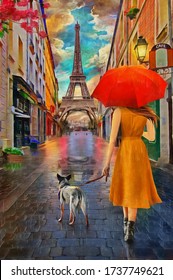 Oil Painting - Rainy Day Paris with Eiffel tower.Collection of designer oil paintings. Decoration for the interior. Modern abstract canvas art. Set of pictures. umbrella. vintage