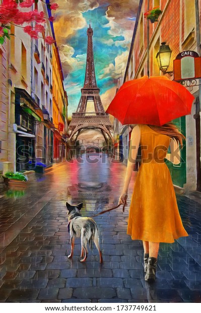 Oil Painting - Rainy Day Paris with Eiffel tower. Collection of designer oil paintings. Decoration for the interior. Modern abstract canvas art. Set of pictures. umbrella. vintage.