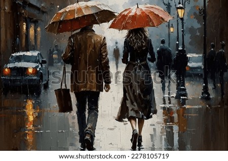 Oil Painting - Rainy Day - people walking on a rainy day