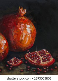 oil painting red pomegranates. Ripe pomegranates on a black background. still life, contemporary art