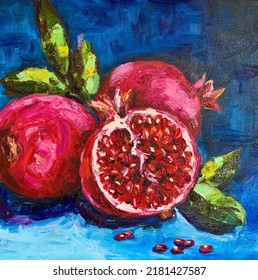 oil painting ripe red pomegranate. picture on the hostel for the interior of the kitchen. modern painting juicy fruit.