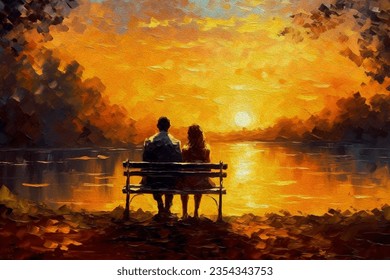 Oil painting romance and love. A loving couple  - young man and beautiful girl are sitting on bench and enjoying beautiful view of yellow sunset. Romantic landscape. - Powered by Shutterstock