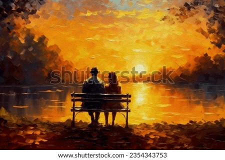 Oil painting romance and love. A loving couple  - young man and beautiful girl are sitting on bench and enjoying beautiful view of yellow sunset. Romantic landscape.