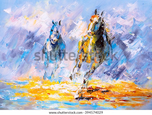 Oil Painting on wall- Running Horses